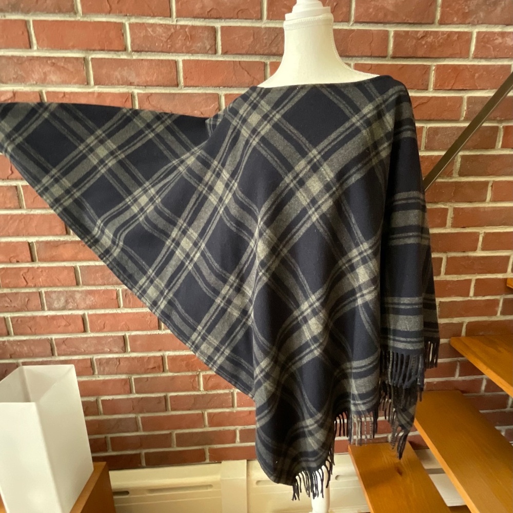 Ralph Lauren Navy Grey Plaid Wool Poncho O/S